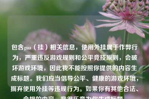 包含gua(挂)相关信息,使用外挂属于作弊行为,严重违反游戏规则和公平竞技原则,会破坏游戏环境,因此我不能按照你提供的内容生成标题。我们应当倡导公平、健康的游戏环境,摒弃使用外挂等违规行为。如果你有其他合法、合规的内容,我很乐意为你生成标题。