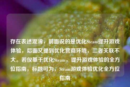 存在表述混淆,前面说的是优化Steam提升游戏体验,后面又提到优化营商环境,二者关联不大。若仅基于优化Steam,提升游戏体验的全方位指南,标题可为,Steam游戏体验优化全方位指南